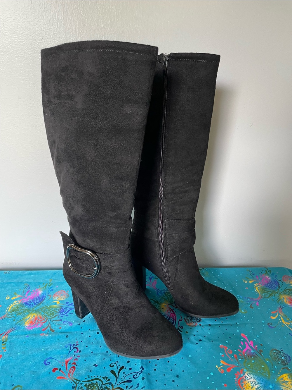 Jessica Cline Black Faux Suede Boots with Buckle, Size 8